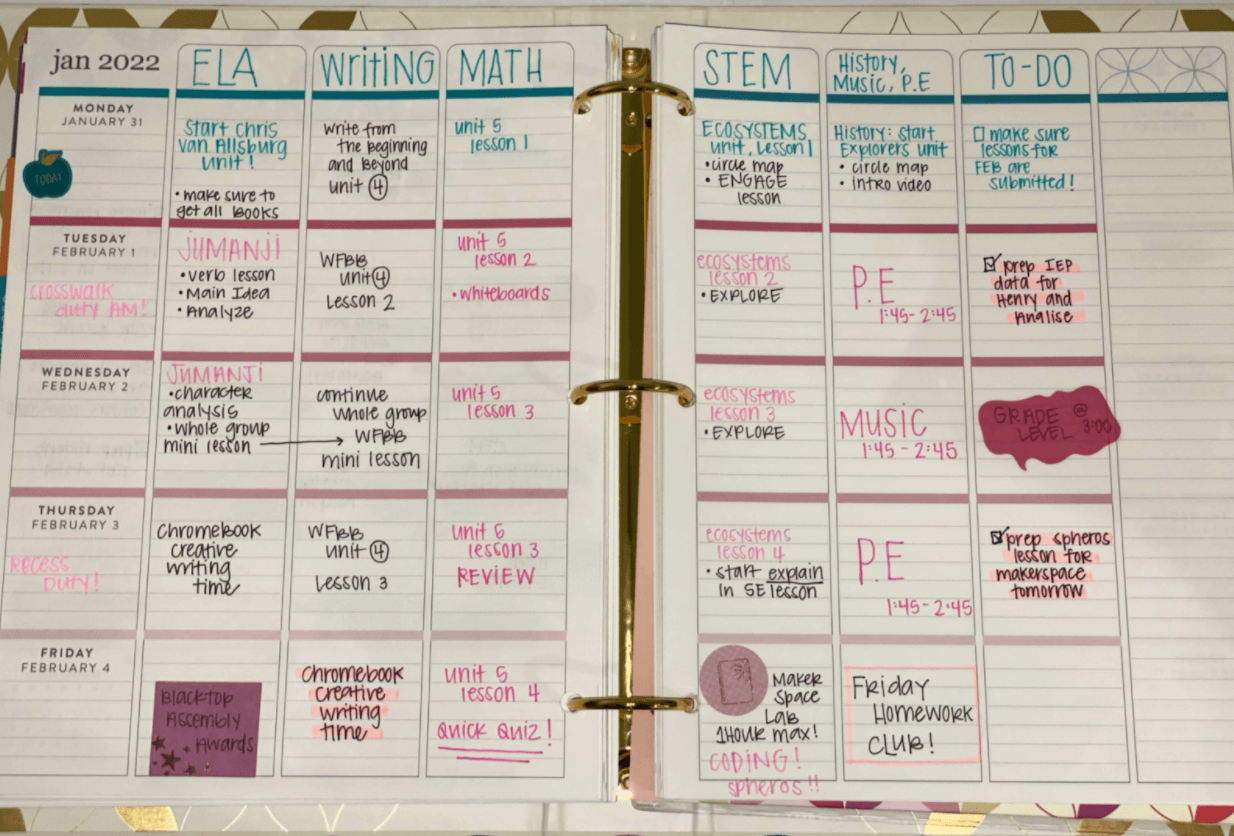 Example of what a week of lesson planning would look like in my paper teacher planner when I taught 5th grade.